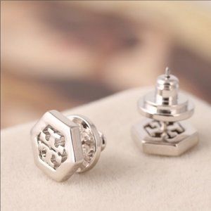 Authentic Tory Burch 9mm Silver Octagonal Logo Stud Earrings